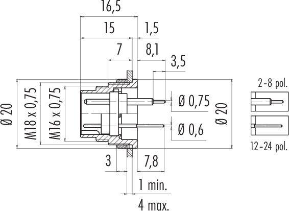Rysunek techniczny złącza z wymiarami: M18 x 0,75, M16 x 0,75, różnymi średnicami i oznaczeniami długości.