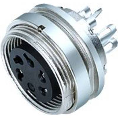 Elektryczny złącz wtykowy z cylindryczną metalową obudową, wieloma okrągłymi stykami wtyczkowymi i czarnym rdzeniem izolacyjnym.