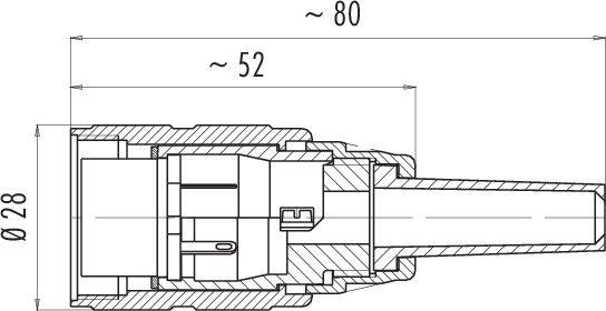 Rysunek techniczny złącza wtykowego; wymiary: długość całkowita ok. 80 mm, długość obudowy ok. 52 mm, średnica 28 mm.