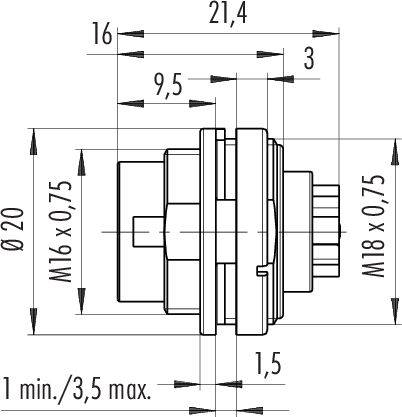 Rysunek techniczny elementu cylindrycznego o następujących wymiarach: średnica 20 mm, długość 21,4 mm, gwint M16 x 0,75 oraz M18 x 0,75.