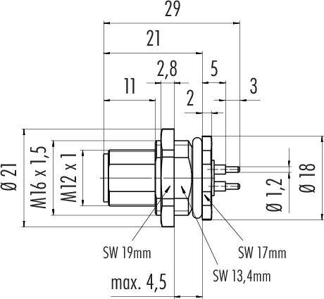 Rysunek techniczny cylindrycznego złącza wtykowego z wymiarami: długość 29 mm, średnica 21 mm, gwint M16 x 1.5.