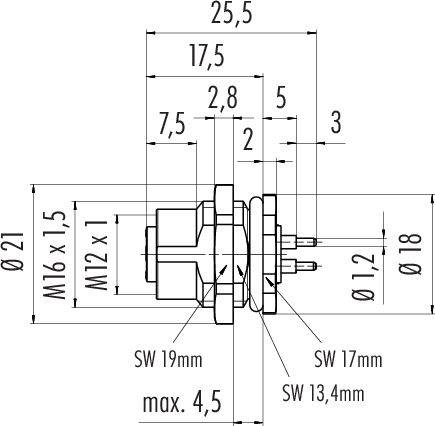 Rysunek techniczny złącza z wymiarami: długość całkowita 25,5 mm, średnica 21 mm, gwint M16 x 1,5.