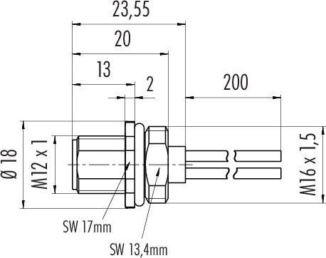 Rysunek techniczny cylindrycznego czujnika z gwintem M12 i M16, wymiary podane w milimetrach.