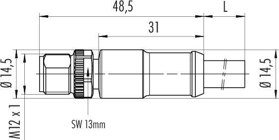 Rysunek techniczny cylindrycznego elementu z gwintem M12 x 1. Długość 48,5 mm, pole klucza 13 mm, średnica 14,5 mm.