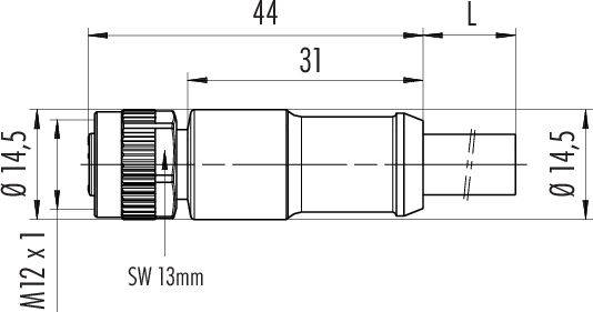 Rysunek techniczny złącza cylindrycznego z gwintem M12 x 1, o całkowitej długości L, kluczu 13 mm, średnicy 14,5 mm.