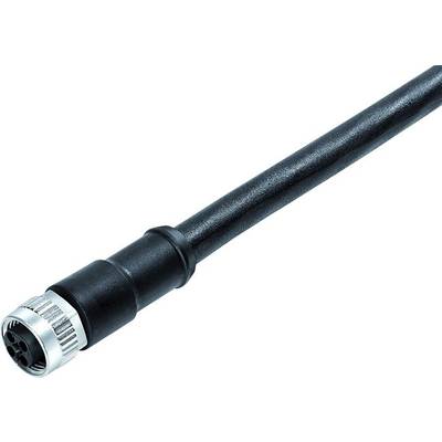 Czarny kabel elektryczny zakończony okrągłym metalowym wtykiem, przeznaczony do połączeń technicznych.