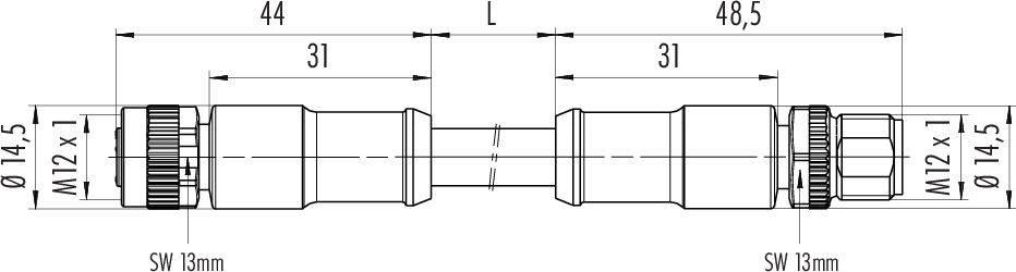 Rysunek techniczny elementu złącznego z wymiarami: całkowita długość L, średnica 14,5 mm, gwint M12 x 1, rozstaw klucza 13 mm.