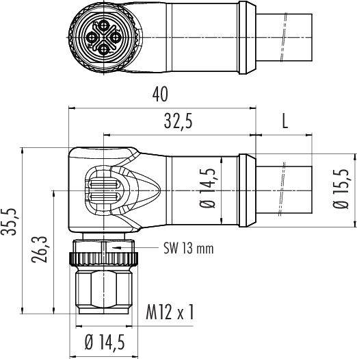 Rysunek techniczny złącza elektrycznego z wymiarami: długość 40 mm, średnica 15,5 mm, gwint M12 x 1. Widok szczegółowy przedstawia przekrój i sześć styków.