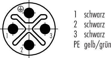 Rozmieszczenie styków: 1, 2, 3 czarne; PE żółto-zielony. Symbol uziemienia w górnym lewym rogu. Wzór połączenia w formie koła.