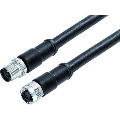 Dwa czarne, przemysłowe złącza M12 z gwintem metalowym, przeznaczone do połączeń danych lub zasilania w zastosowaniach technicznych.