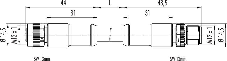 Rysunek techniczny części cylindrycznej z wymiarami: 31, 44, 48,5 mm długości, gwint M12 x 1 oraz Ø 14,5 mm.