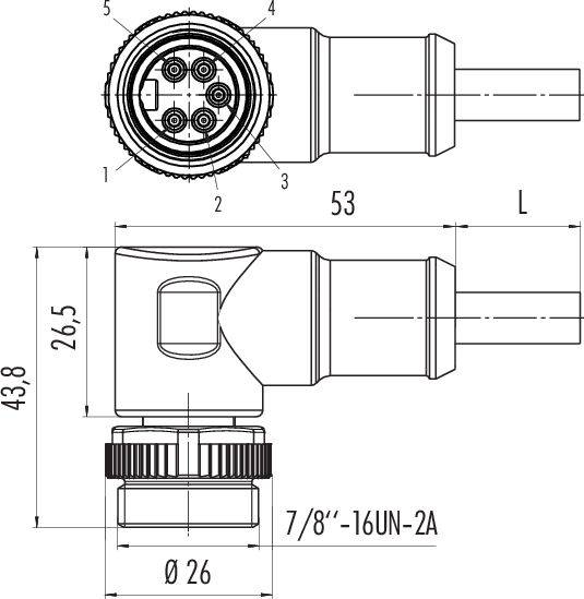 Rysunek techniczny złącza 7/8''-16UN-2A z wymiarami: długość 53 mm, średnica 26 mm, wysokość 43,8 mm.