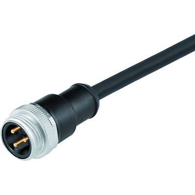 Czarny kabel połączeniowy z okrągłym metalowym wtykiem i trzema stykami. Odpowiedni do zastosowań przemysłowych.