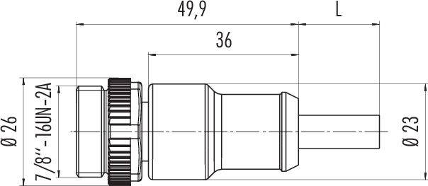 Rysunek techniczny złącza z wymiarami: długość całkowita 49,9 mm, średnica 26 mm z przodu, 23 mm z tyłu.