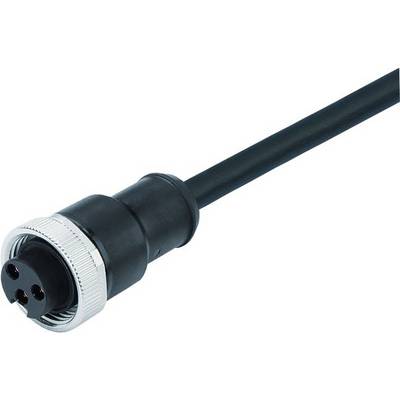 Czarny kabel zakończony okrągłym metalowym wtykiem, przeznaczony do zastosowań przemysłowych lub technicznych.