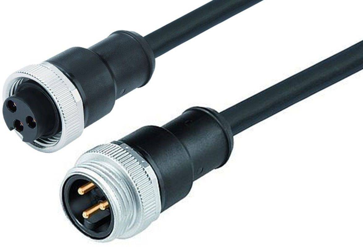 Dwa czarne złącza okrągłe z srebrnym gwintem. Jedno pokazuje wtyki, drugie gniazda.