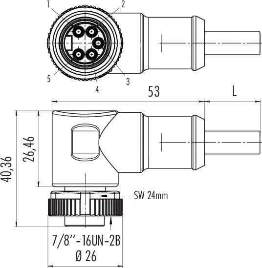 Rysunek techniczny złącza kątowego: wymiary 53 mm długości, 26,46 mm wysokości. Gwint: 7/8''-16UN-2B, klucz 24 mm.