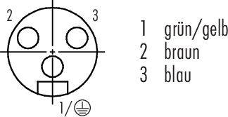 Schemat wtyczki z numerami kolorowych złączy: 1 - zielono/żółty, 2 - brązowy, 3 - niebieski. Symbol uziemienia na dole.