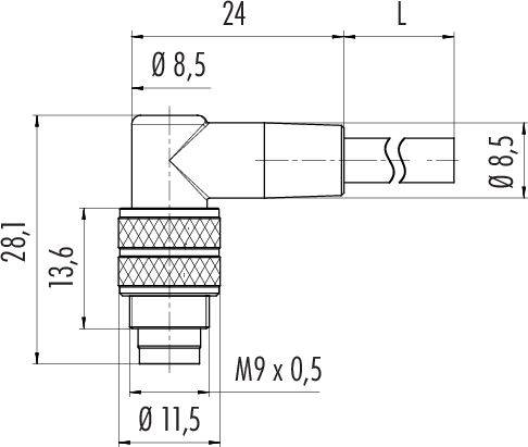 Rysunek techniczny prostokątnej wtyczki z wymiarami w milimetrach: całkowita długość 'L', wysokość 28,1 mm, szerokość 24 mm, gwint M9 x 0,5.