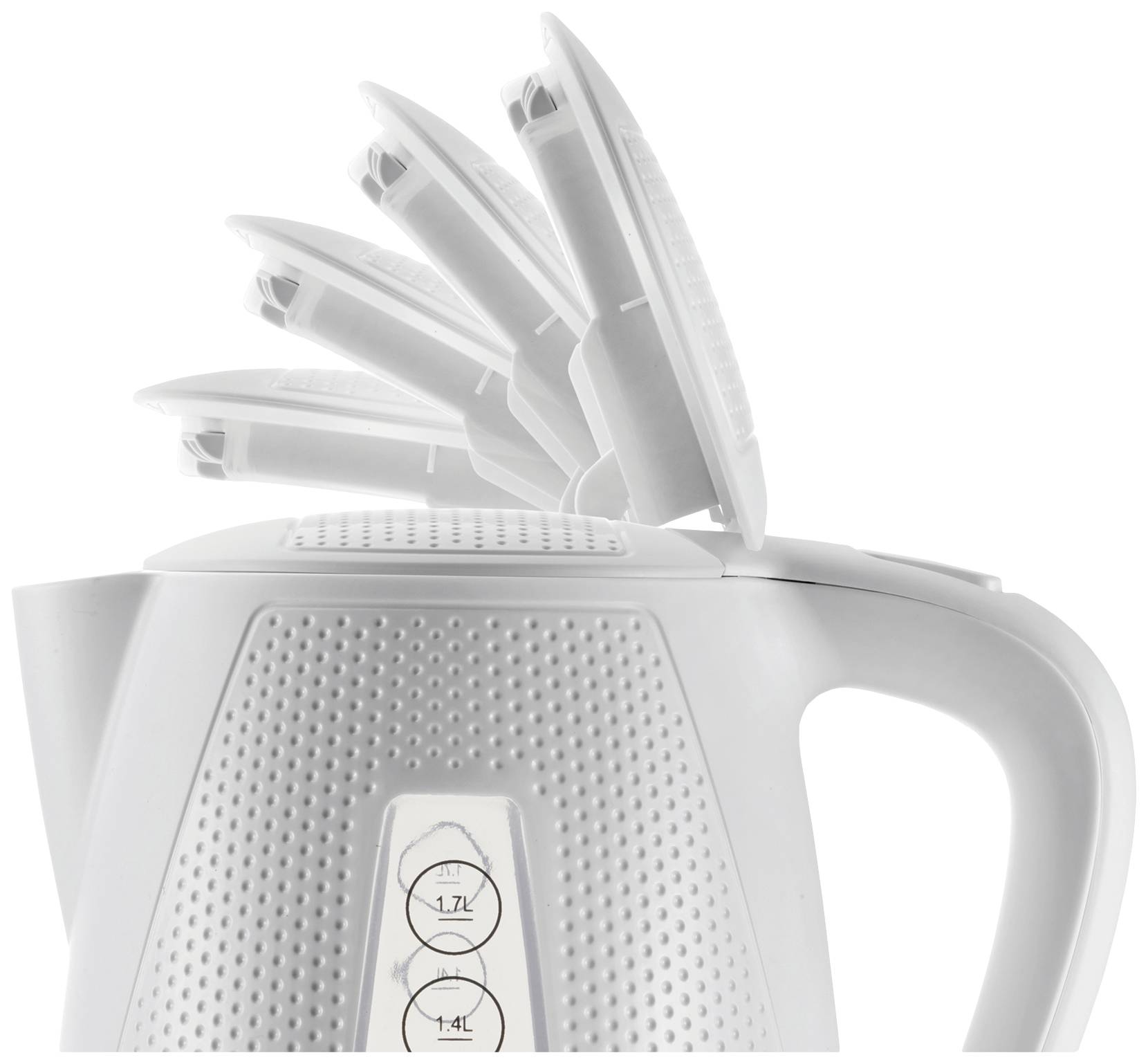 Elektryczny czajnik z wielostopniową, składaną pokrywą. Skala pojemności na boku wskazuje oznaczenia 1,7 L i 1,4 L.
