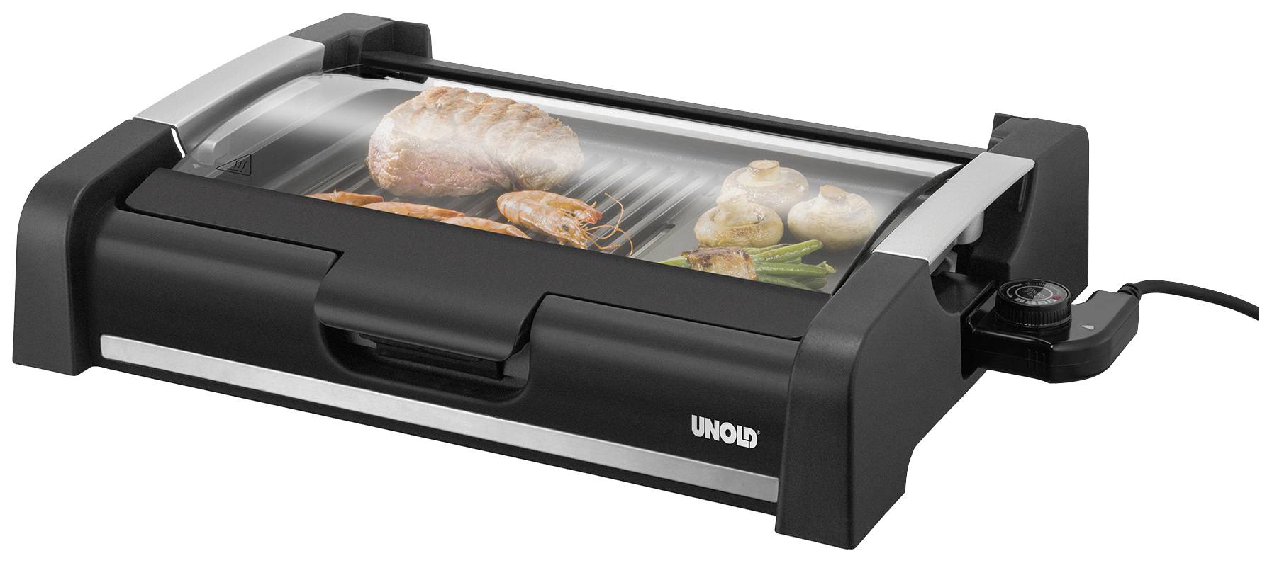 Grill stołowy z różnymi potrawami, w tym mięsem, krewetkami i warzywami, na szklanej płycie grillowej.