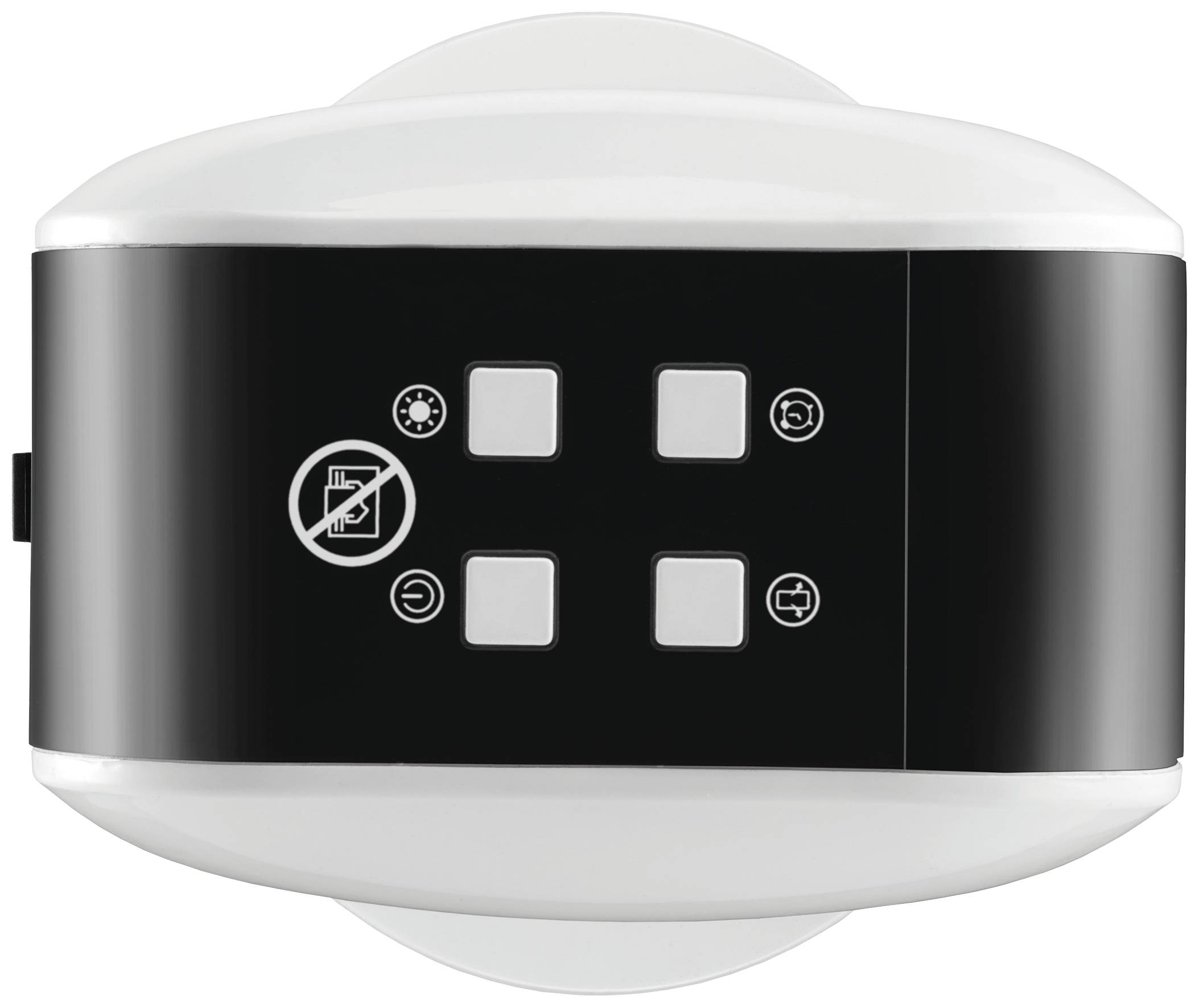 Czarno-białe urządzenie z czterema przyciskami i symbolem zakazującym wkładania kart.