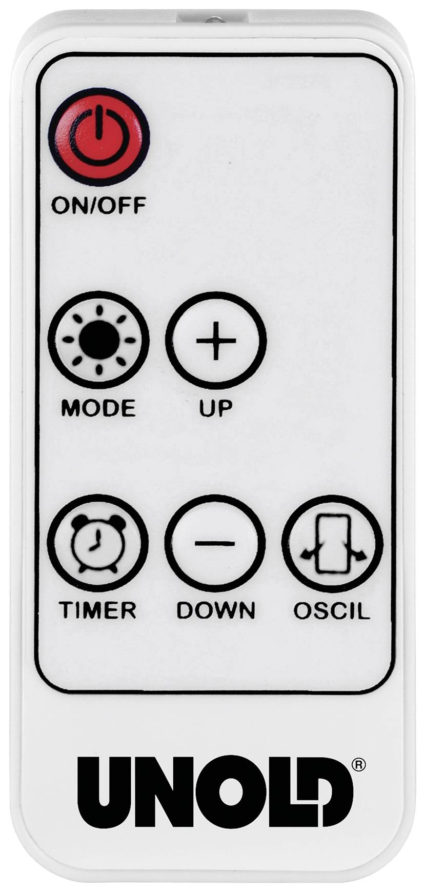 'Kompaktowy pilot zdalnego sterowania do wentylatora z pięcioma przyciskami: Włączenie/Wyłączenie, Tryb, Timer, W górę, W dół oraz sterowanie oscylacją.'