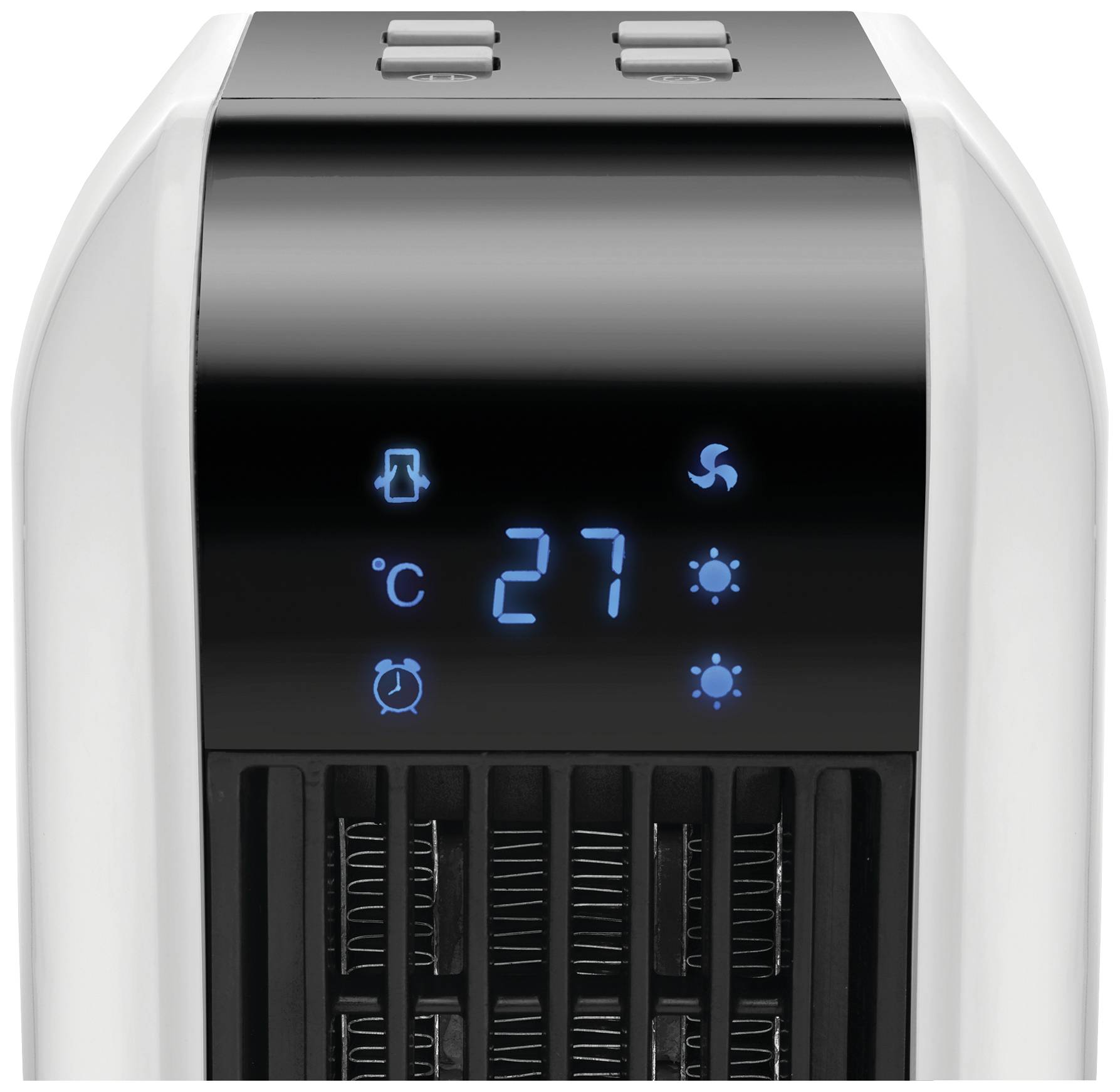 Wyświetlacz grzejnika wskazuje temperaturę 27°C. Widoczne są symbole wentylatora, grzania i timera.