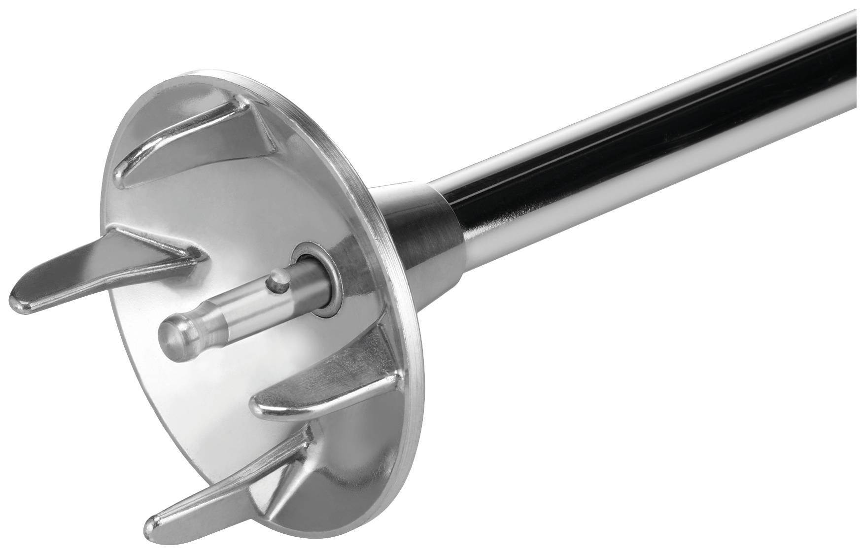 Srebrne narzędzie z okrągłą, płaską podstawą i kilkoma krótkimi, zakrzywionymi zębami, prawdopodobnie trzepaczka.