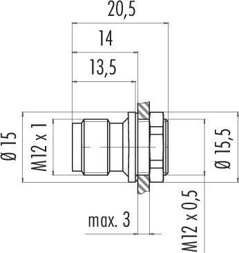 Rysunek techniczny cylindrycznego elementu z wymiarami: całkowita długość 20,5 mm, średnica 15 mm, gwint M12 x 1 i M12 x 0,5.