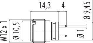 Rysunek techniczny złącza M12 x 1, średnica zewnętrzna 10,5 mm, długość 14,3 mm. Długość styku 4 mm, średnica 9,45 mm.