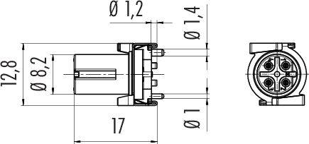 Rysunek techniczny wtyczki elektrycznej z wymiarami: długość 17 mm, średnica 12,8 mm. Widok z boku i z góry.
