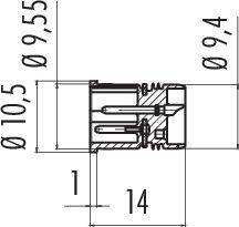 Rysunek techniczny cylindrycznego złącza wtykowego z wymiarami: średnica całkowita 10,5 mm, długość 14 mm, pozostałe średnice 9,55 mm i 9,4 mm.