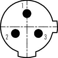 Schemat złącza wtykowego z trzema ponumerowanymi stykami (1, 2, 3) w układzie okrągłym. Widok z góry.