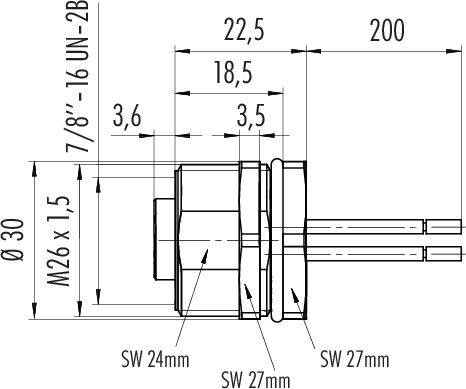 Rysunek techniczny cylindrycznego elementu z wymiarami: długość 200 mm, średnica 30 mm, różne rozmiary gwintów i szerokości klucza.