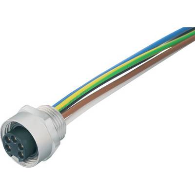 Wielożyłowy kabel zakończony okrągłym, wielobiegunowym wtykiem, ukazujący różne izolowane przewody w kolorach niebieskim, żółtym, zielonym i brązowym.