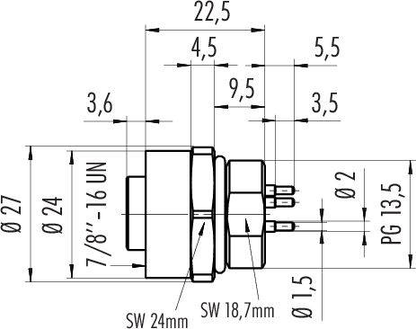 Rysunek techniczny cylindrycznego wtyczki ze szczegółowymi wymiarami w milimetrach. Przedstawia średnicę, gwint i odległości między pinami.