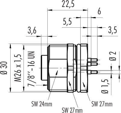 Rysunek techniczny części mechanicznej z wymiarami: średnica 30 mm, gwint M26 x 1,5. Pozostałe wymiary i gwinty przedstawione.
