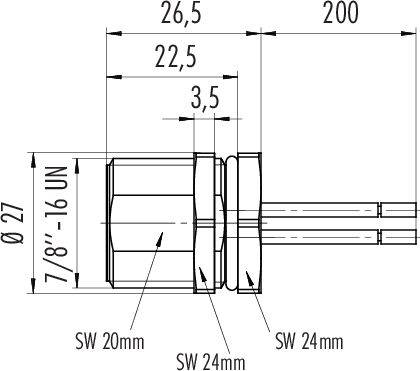 Rysunek techniczny elementu mechanicznego z wymiarami: długość 200 mm, średnica 27 mm, gwint 7/8"-16 UN, rozstaw kluczy 20 mm i 24 mm.