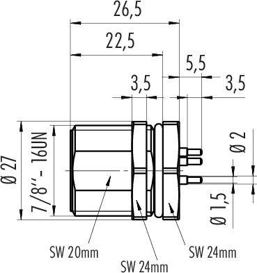 Rysunek techniczny elementu z wymiarami: długość 26,5 mm, szerokość 22,5 mm, gwint '7/8"-16UN', rozstaw kluczy 20 mm i 24 mm.