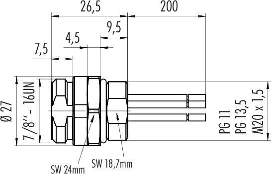 Rysunek techniczny złącza przepustu kablowego z wymiarami: długość 200 mm, średnica 27 mm, oraz różnymi szerokościami klucza.