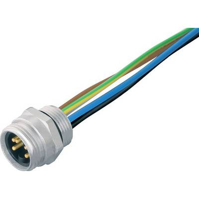 Metalowy wtyk z pięcioma kolorowymi przewodami: zielonym, brązowym, niebieskim, żółtym i czarnym. Odpowiedni do połączeń elektrycznych.