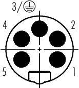 Elektryczny schemat połączenia wtykowego z pięcioma punktami przyłączeniowymi, ponumerowanymi od 1 do 5, z symbolem uziemienia w lewym górnym rogu.