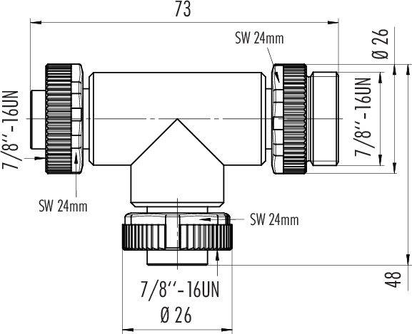 Rysunek techniczny trójnika z wymiarami: długość 73 mm, wysokość 48 mm, średnica wewnętrzna Ø26, gwint 7/8"-16UN, rozstaw klucza 24 mm.