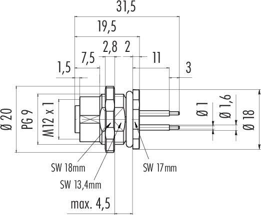 Rysunek techniczny cylindrycznego obudowy wtyczki z wymiarami: całkowita długość 31,5 mm, szerokość 20 mm, różnymi średnicami gwintów oraz długościami przyłączy.