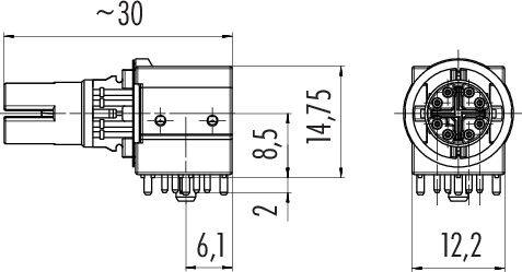 Rysunek techniczny złącza; widok boczny i czołowy z wymiarami: długość 30 mm, wysokość 8,5 mm, średnica 12,2 mm.
