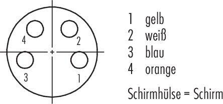 Diagram pokazuje przyłącza kablowe: 1 jest żółty, 2 jest biały, 3 jest niebieski, 4 jest pomarańczowy. Notatka: 'Osłona ekranu = ekran'.