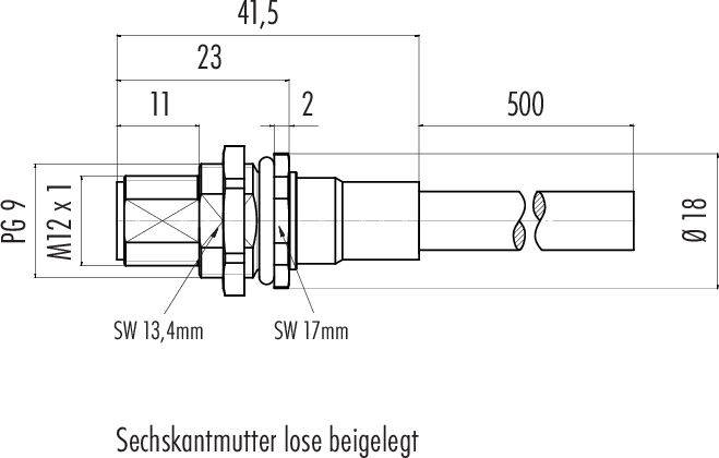 Rysunek techniczny wtyczki z wymiarami: długość 41,5 mm, średnica 18 mm, gwint M12 x 1. Dodatkowa informacja: 'Nakrętka sześciokątna dołączona luzem'.