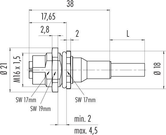 Rysunek techniczny elementu cylindrycznego z wymiarami: długość 38 mm, średnica 18 mm, gwint M16 x 1,5. Zawiera wymiary i oznaczenia gwintów.