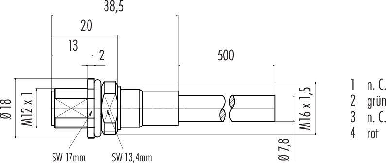 Rysunek techniczny cylindrycznego obiektu z wymiarami, gwintami M12x1 i M16x1,5 oraz czterema oznaczeniami pinów: czerwony, zielony, n. C.